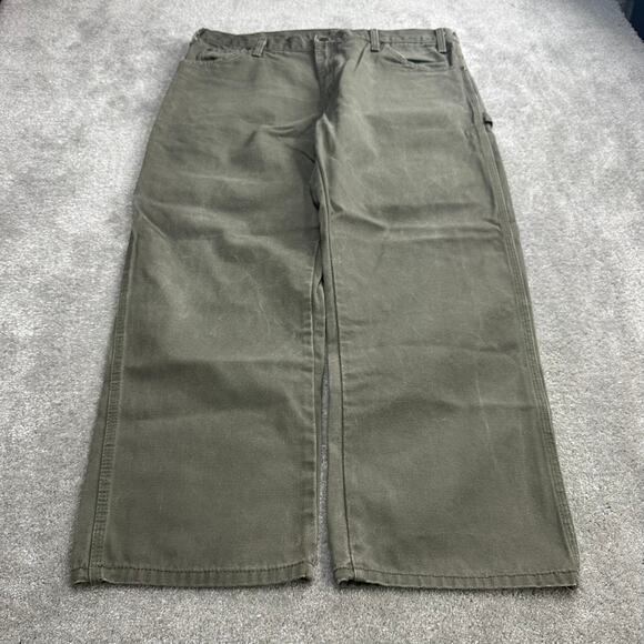 Baggy Y2K Dickies Carpenter Pants Mossy Green Size 38x27 Workwear Canvas Faded - Picture 3 of 5